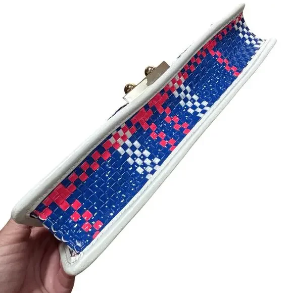 Kate spade clutch purse with dustbag blue white pink woven plaid front flap chic